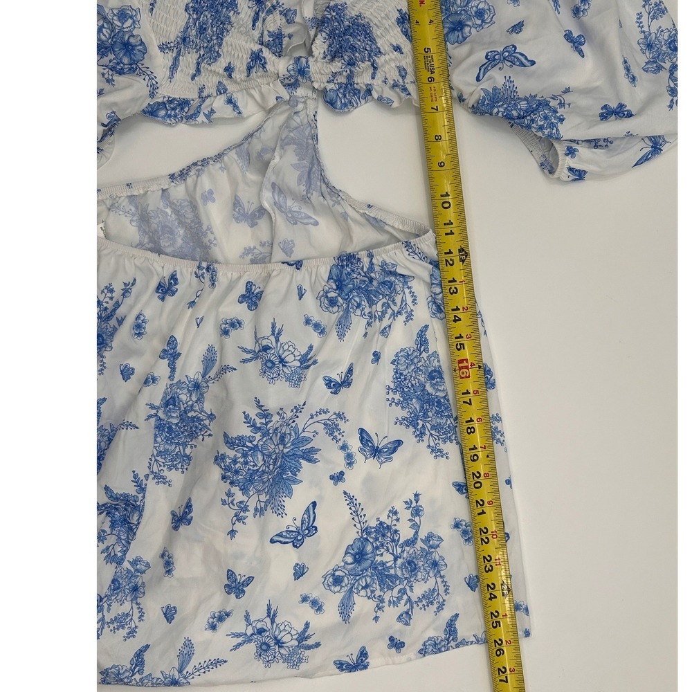 Womens Blue White Floral Cutout Mini Dress Puff Sleeve Cottagecore Boho Dress - Picture 13 of 14